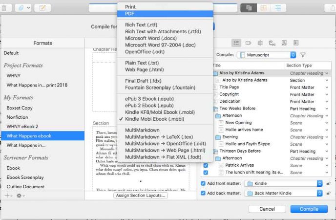 The list of file types you can export your Scrivener file as.