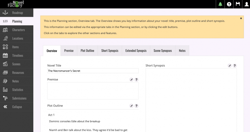 The Novel Factory planning screen